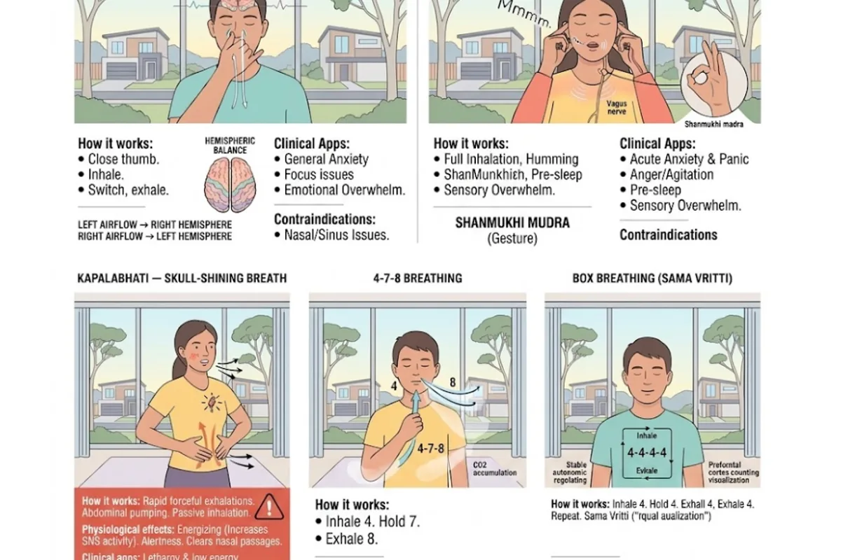 Infographic: five pranayama techniques and when to use them — Nadi Shodhana (balance/anxiety), Bhramari (acute calm/panic), Kapalabhati (activation — NOT for anxiety), 4-7-8 (sleep onset), Box Breathing (acute stress/performance)