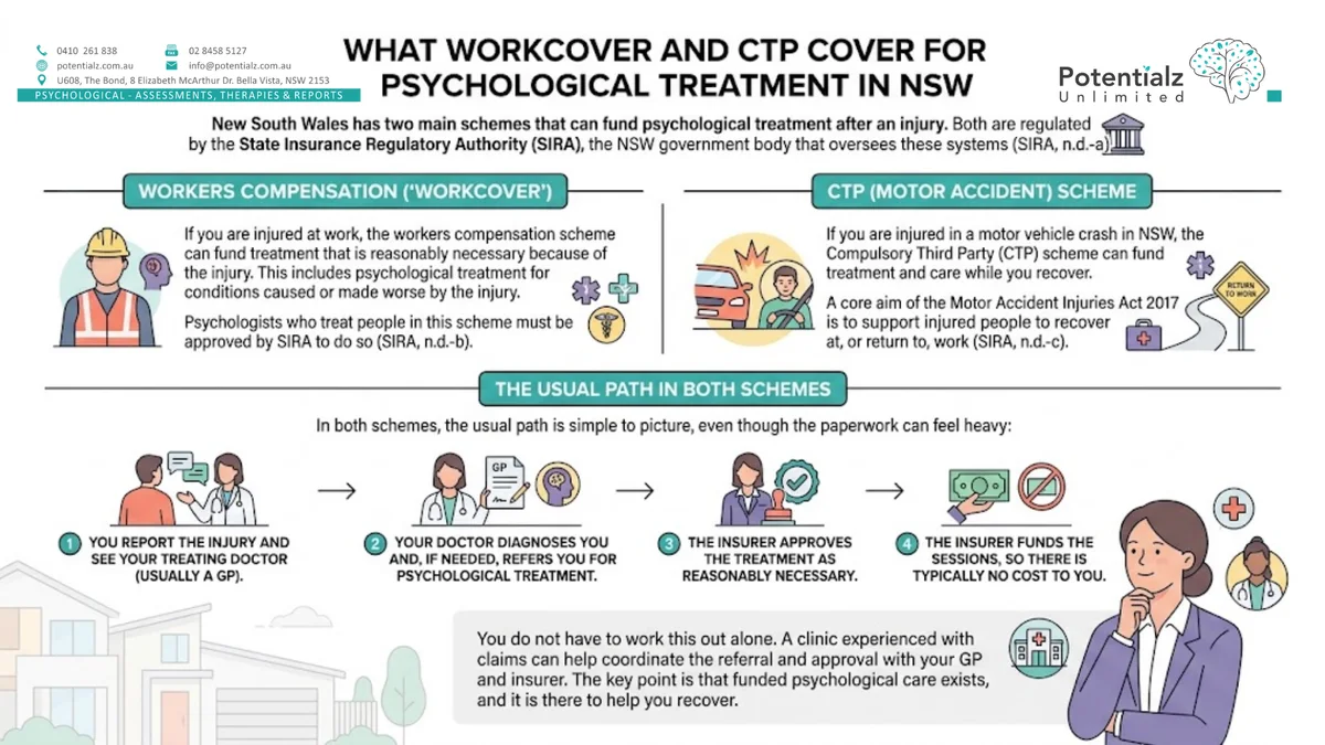 انفوگرافک: NSW میں WorkCover اور CTP کیا کور کرتے ہیں — SIRA کے ذریعے منظم اسکیمیں، اور اطلاع، GP ریفرل، انشورر کی منظوری، اور مالی معاونت یافتہ سیشن کا راستہ