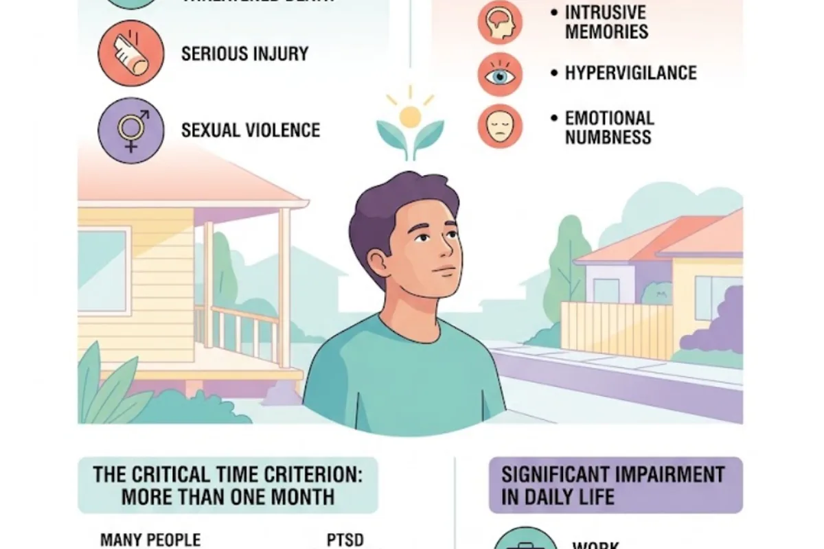 Infographic: PTSD clinical definition — exposure to actual or threatened death, serious injury, or sexual violence; characteristic symptoms persisting more than one month; significant impairment in daily functioning
