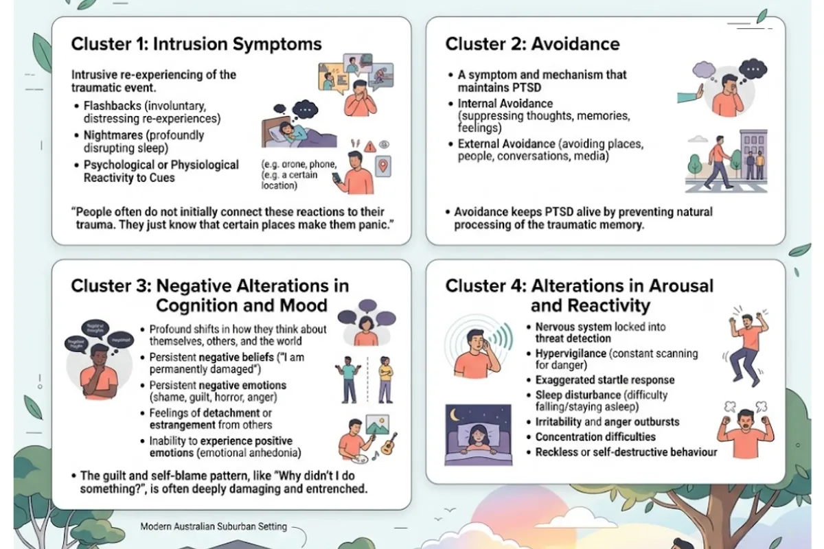Infographic: the four DSM-5 PTSD symptom clusters — intrusion (flashbacks, nightmares), avoidance (internal and external), negative alterations in cognition and mood, and alterations in arousal and reactivity