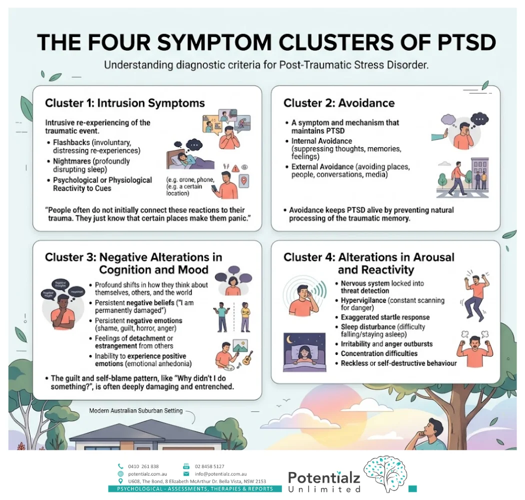 Infographic: the four DSM-5 PTSD symptom clusters — intrusion (flashbacks, nightmares), avoidance (internal and external), negative alterations in cognition and mood, and alterations in arousal and reactivity