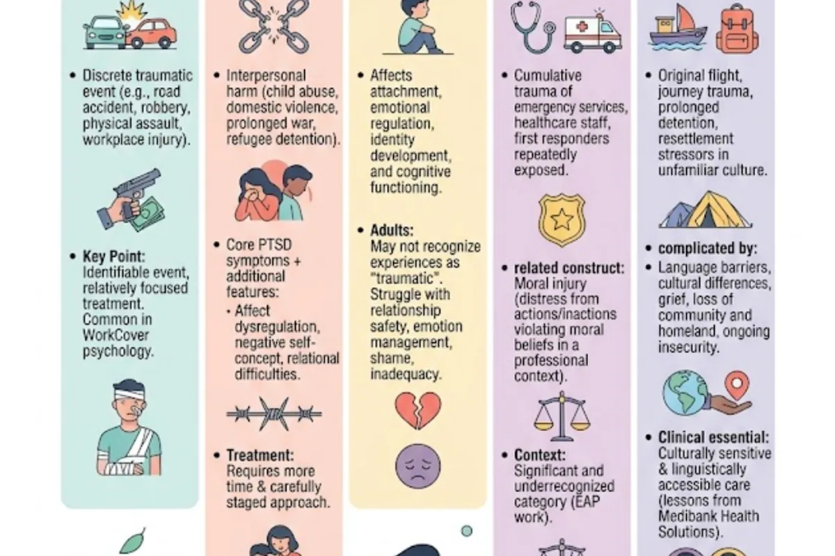 Infographic: types of trauma — acute (single-incident), complex/C-PTSD, developmental, workplace and moral injury, and refugee/displacement trauma — each requiring a different clinical approach
