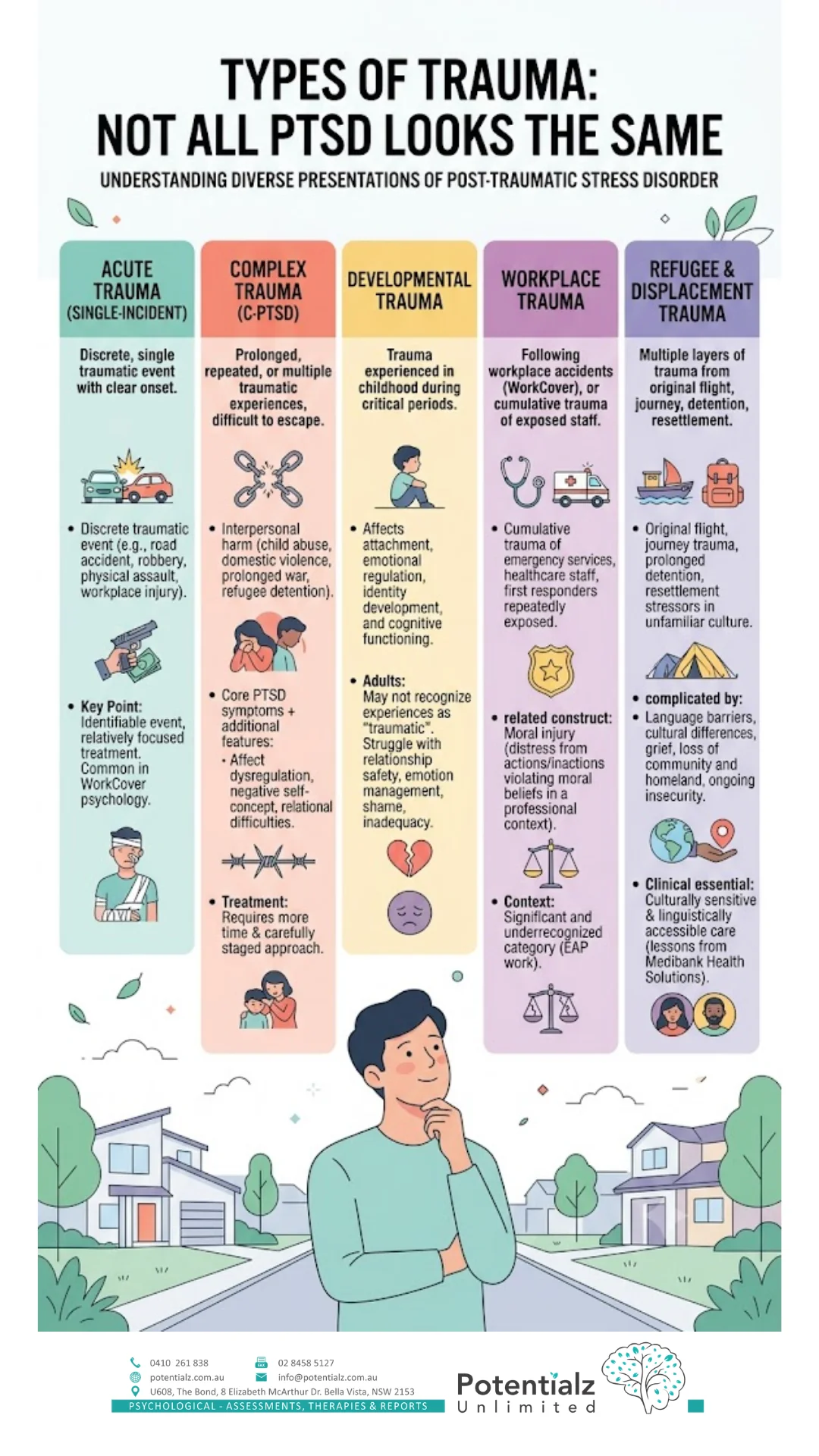 Infographic: types of trauma — acute (single-incident), complex/C-PTSD, developmental, workplace and moral injury, and refugee/displacement trauma — each requiring a different clinical approach