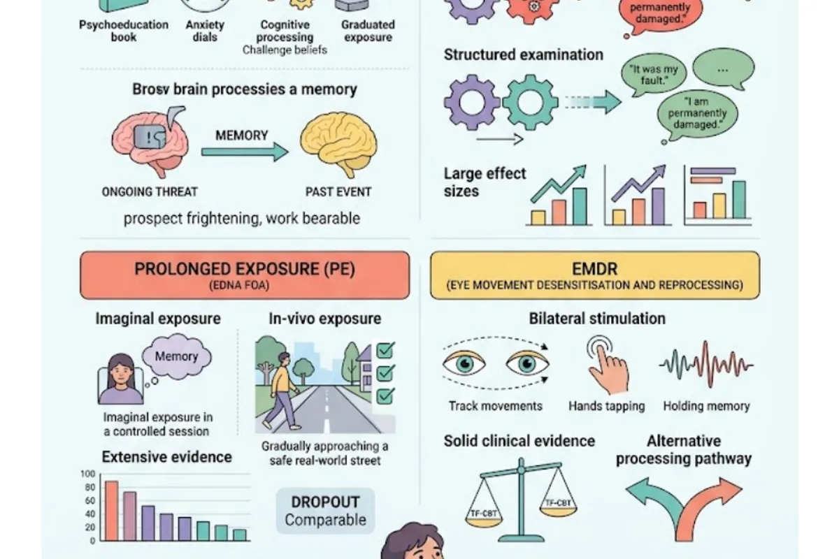 Infographic: evidence-based PTSD treatments — Trauma-Focused CBT, Cognitive Processing Therapy (CPT), Prolonged Exposure (PE), and EMDR — endorsed by the 2023 VA/DOD and 2025 APA clinical practice guidelines