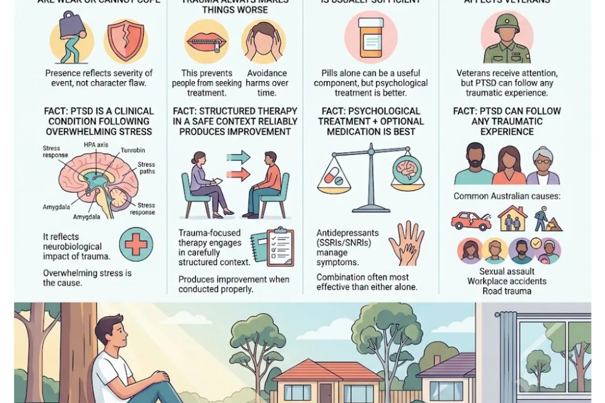 Infographic: four common myths about PTSD — weakness, talking makes it worse, medication alone is enough, only veterans get PTSD — each followed by the clinical reality
