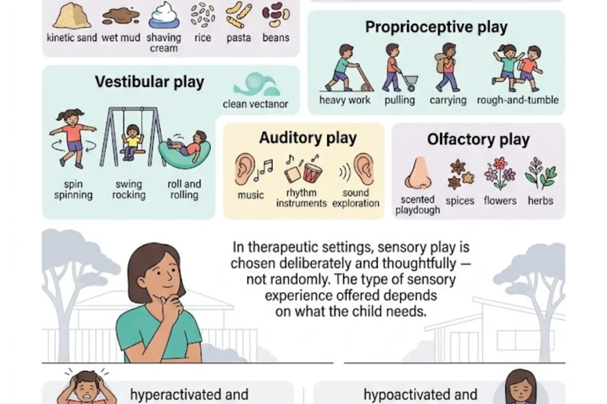 Infographic: sensory play spans six systems — tactile (sand, water, clay, slime), visual (light tables, colour mixing), proprioceptive (heavy work, pushing/pulling), vestibular (spinning, swinging), auditory (music, rhythm), and olfactory (scented playdough, spices)