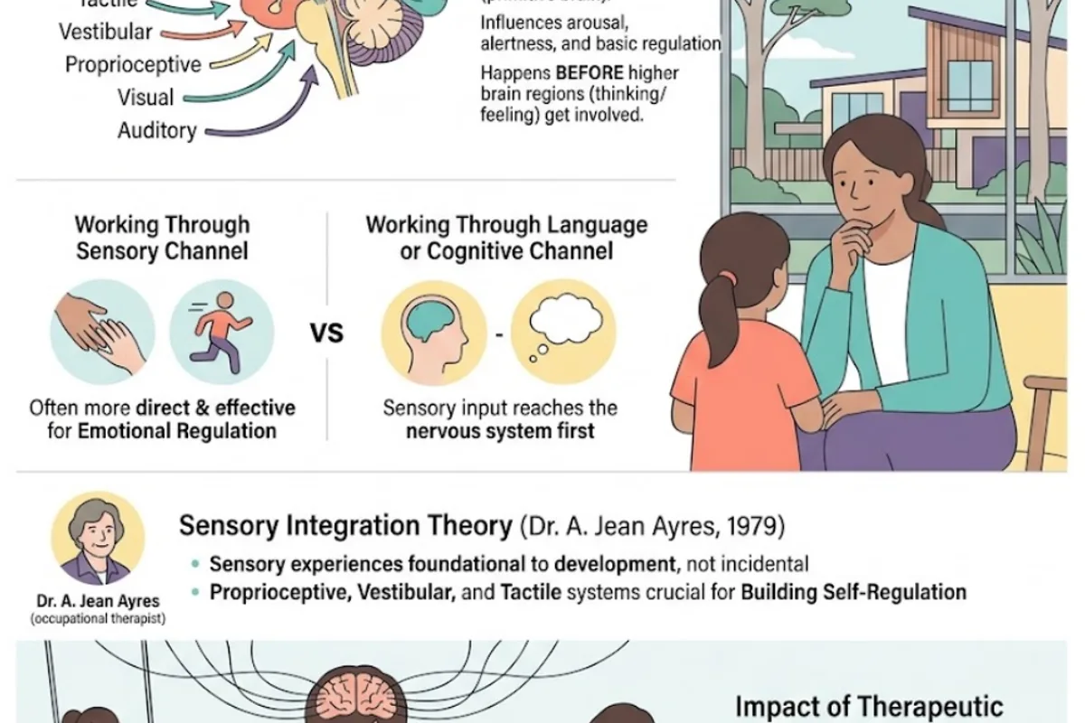 Infographic: sensory input reaches the brainstem before higher brain regions — Ayres (1979) Sensory Integration theory shows proprioceptive, vestibular, and tactile systems are foundational to building the nervous system's self-regulation capacity