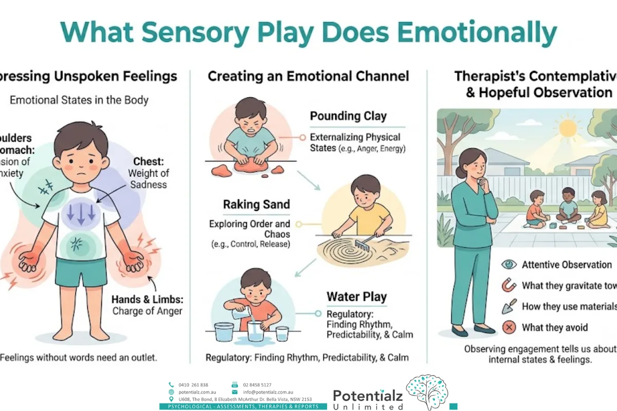 Infographic: sensory play as an emotional channel — pounding clay externalises tension, raking sand works through order/chaos, filling and emptying containers finds rhythm and calm; feelings that live in the body find somewhere to go