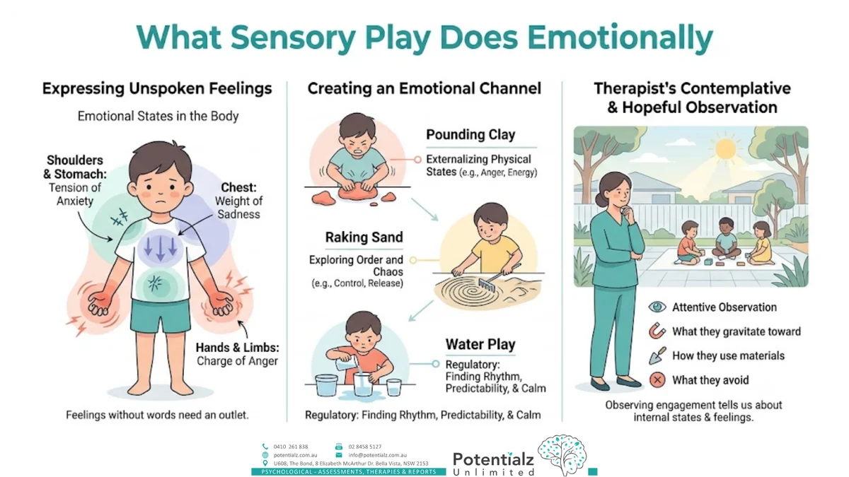 Infographic: sensory play as an emotional channel — pounding clay externalises tension, raking sand works through order/chaos, filling and emptying containers finds rhythm and calm; feelings that live in the body find somewhere to go
