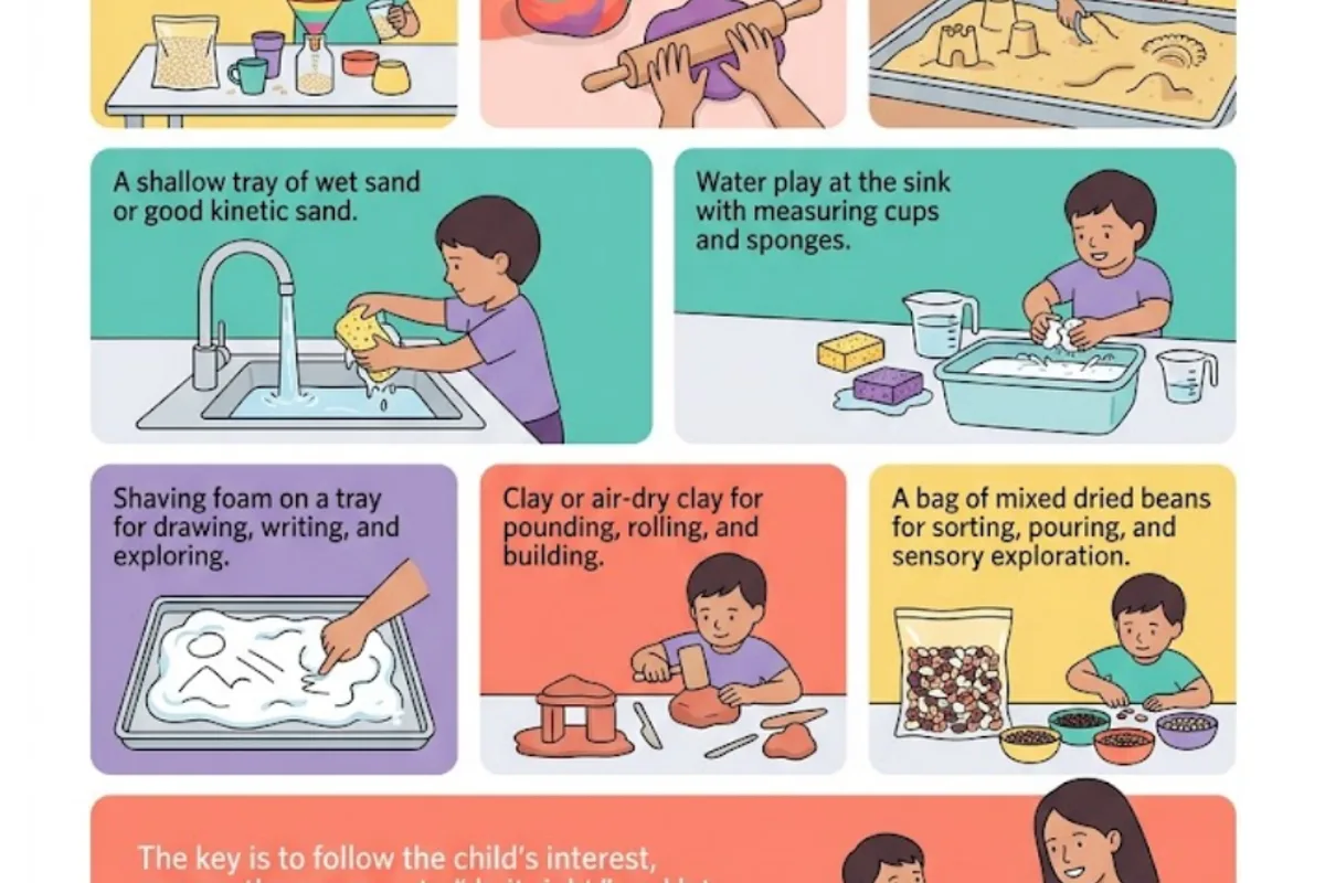 Infographic: sensory avoiders — refuse sticky textures, resist hair-washing, overwhelmed by loud sounds. Approach: follow the child's lead, stay at the edge of comfort, offer graded exposure with no pressure. Never force a texture