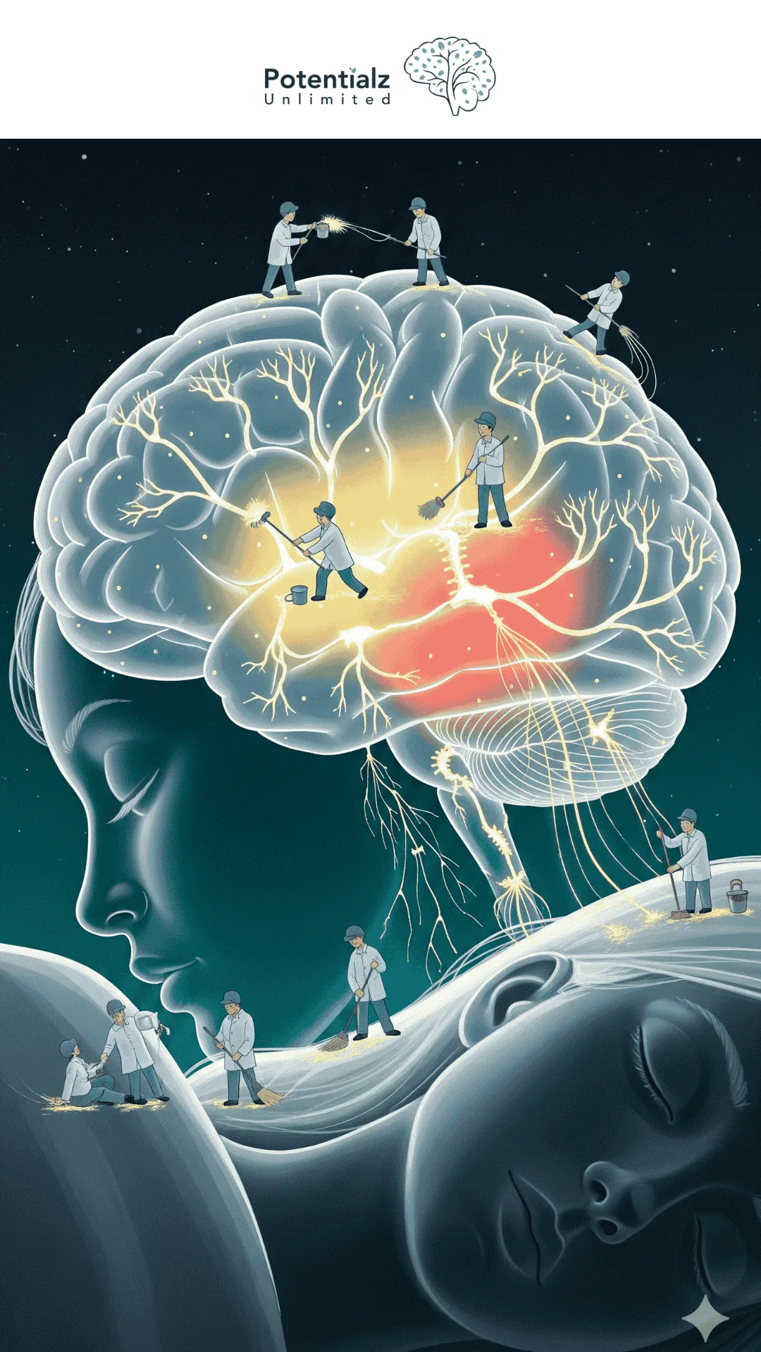 While a teenager sleeps peacefully, their brain engages in vital cleaning and repair activities, illuminating the night with its gentle glow.