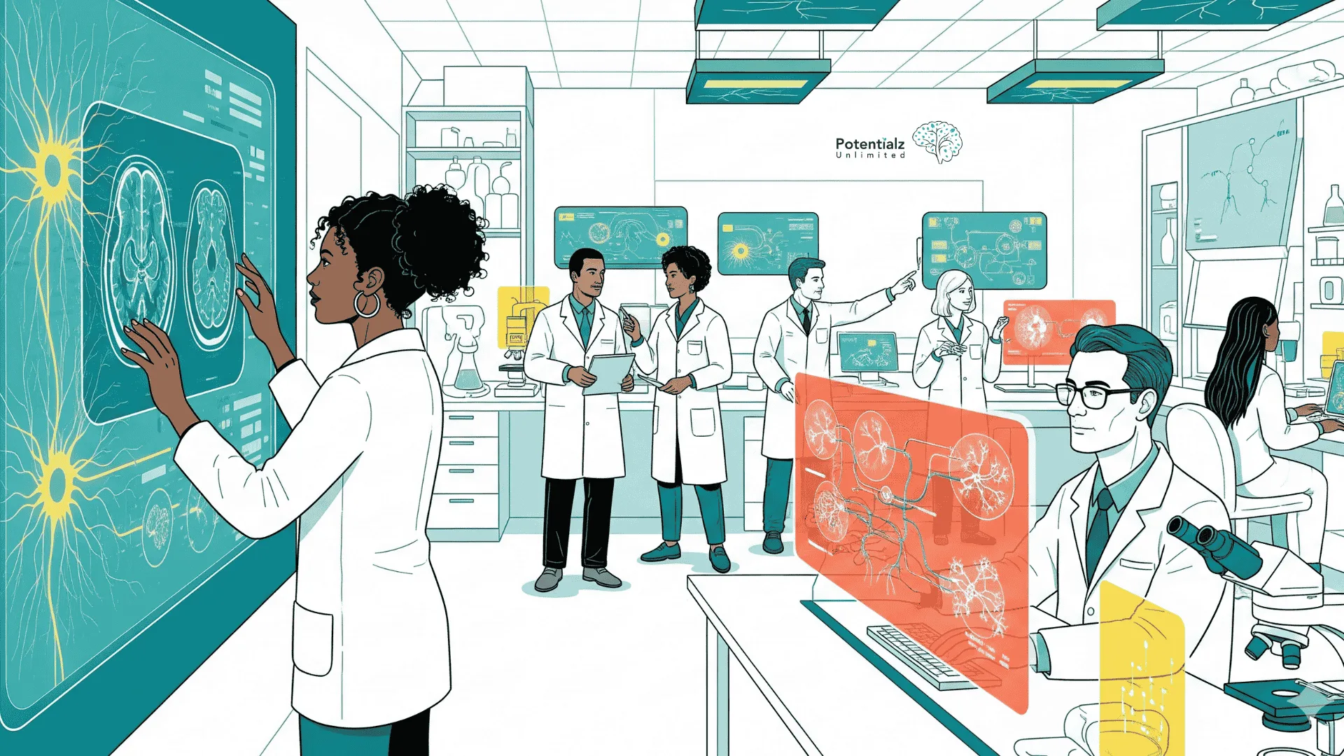 Scientists in a modern lab collaborate on examining brain scans and exploring neurotransmitter pathways to develop innovative treatments.