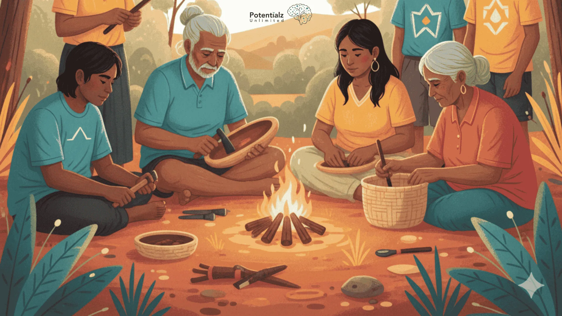 Young Indigenous individuals learn traditional skills from Elders, crafting with traditional tools in a natural bush setting, symbolizing the transmission of cultural knowledge and healing.