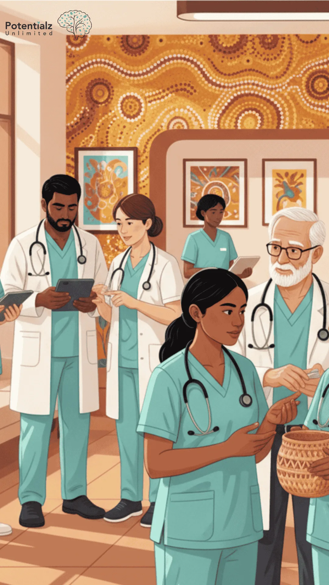 Healthcare professionals collaborate in a community health center, integrating culturally safe service delivery with a focus on Indigenous and non-Indigenous partnerships.