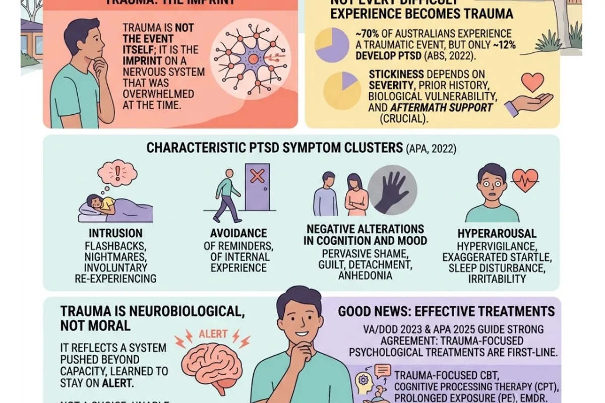 Infographic: PTSD کے چار DSM-5 علامتی گروہ — intrusion، avoidance، cognition اور mood میں منفی تبدیلیاں، اور hyperarousal؛ PTSD کے تقریباً 70% مریض شواہد پر مبنی علاج سے بہتر ہوتے ہیں