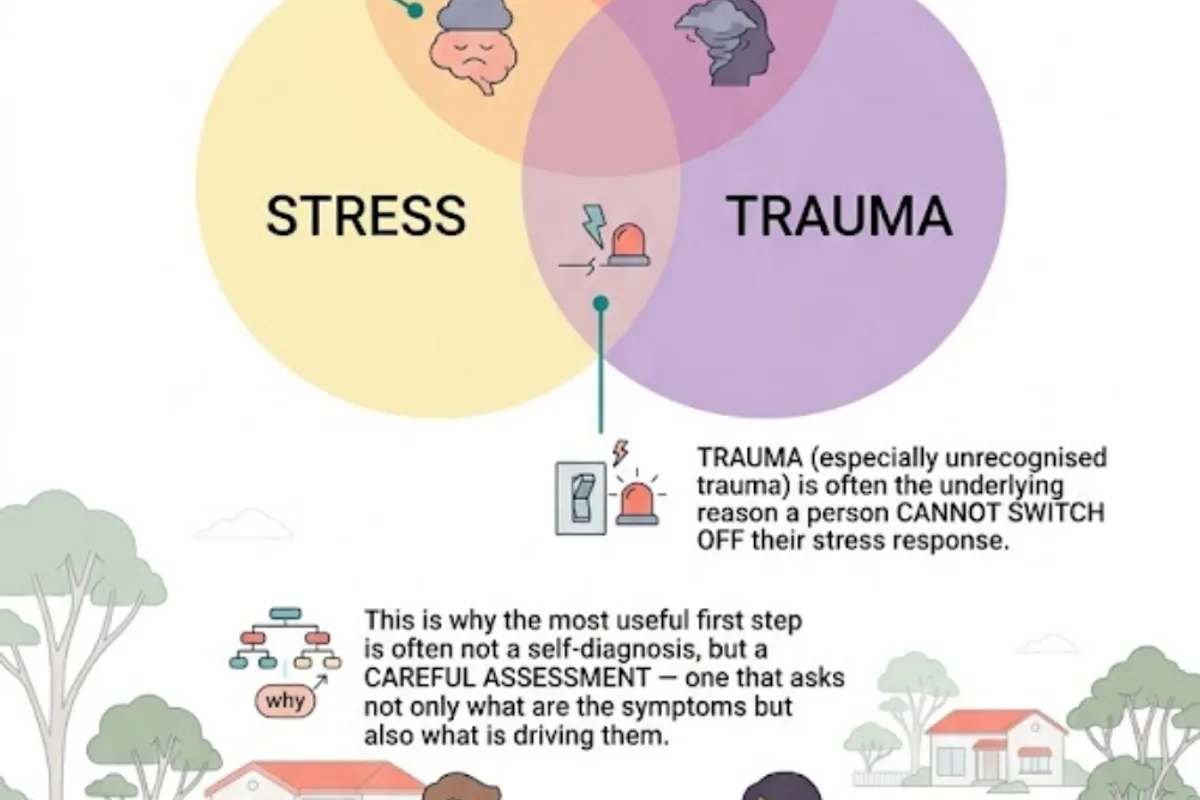 Infographic: تناؤ، اضطراب اور صدمہ الگ خانوں میں شاذ و نادر رہتے ہیں — دائمی تناؤ اضطراب اور ڈپریشن کا خطرہ بڑھاتا ہے؛ غیر علاج شدہ اضطراب صدمے جیسے آثار چھوڑ سکتا ہے؛ غیر تسلیم شدہ صدمہ اکثر ضرورت سے زیادہ فعال تناؤ کے ردِعمل کا سبب بنتا ہے