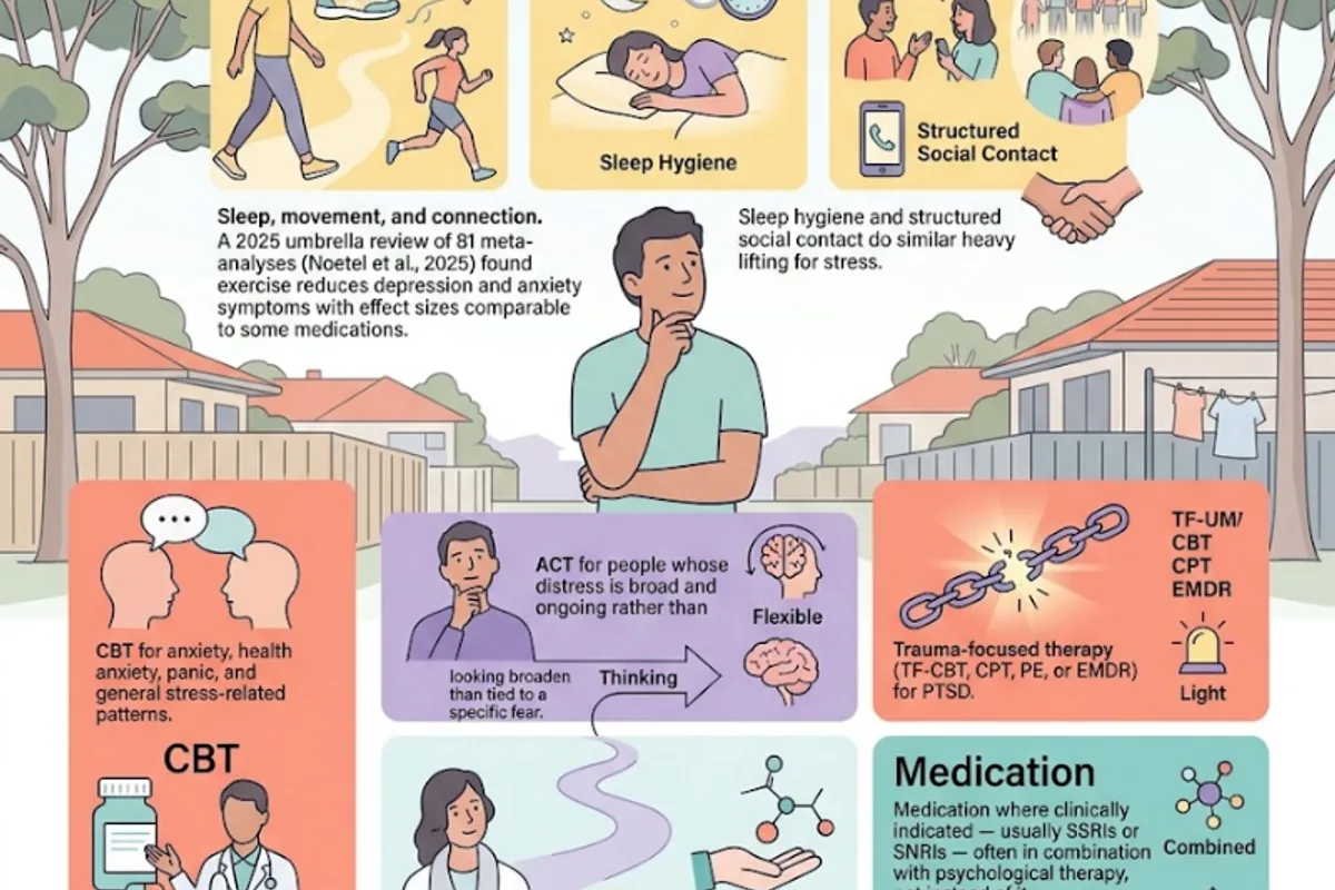 Infographic: کیا مدد دیتا ہے — اضطراب کے لیے CBT، دائمی تکلیف کے لیے ACT، PTSD کے لیے trauma-focused CBT/CPT/PE/EMDR؛ ورزش (Noetel et al., 2025) ڈپریشن اور اضطراب کو کم کرتی ہے، اثرات کے سائز کچھ دواؤں کے قابل موازنہ ہیں