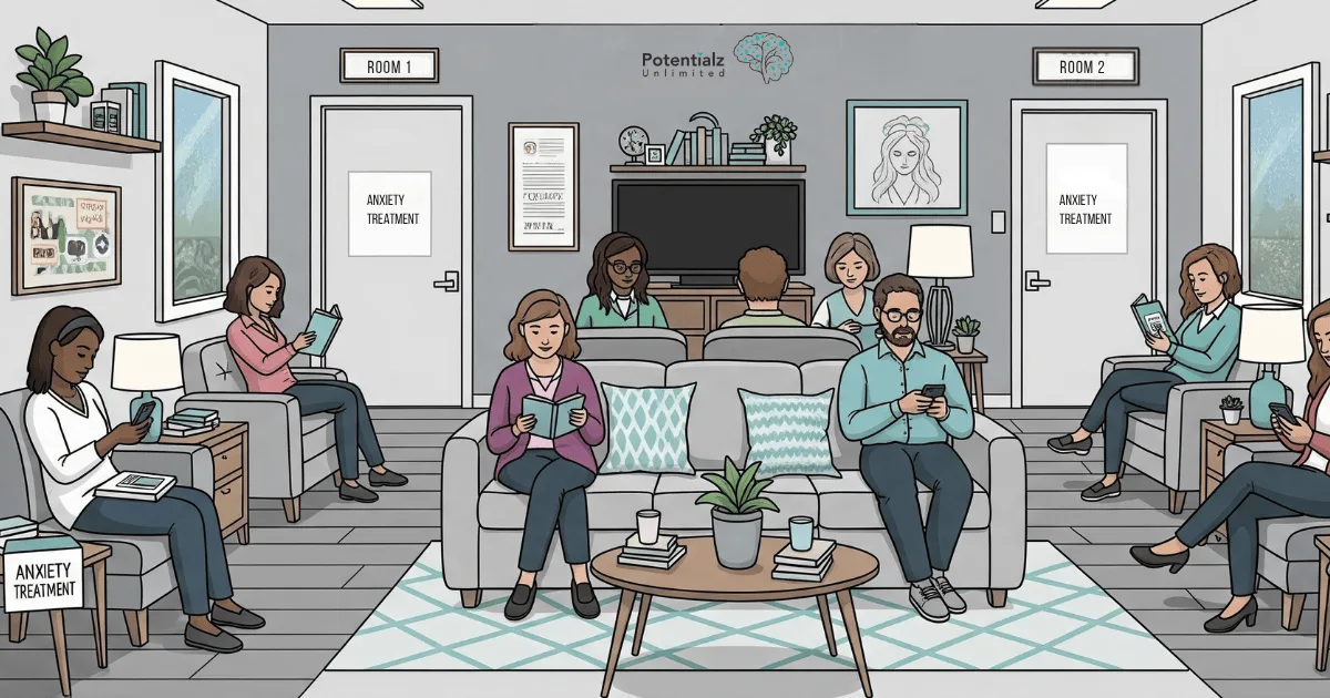 Warm and inviting reception area at a psychology practice, where clients await their OCD treatment appointments in a comforting and serene environment.