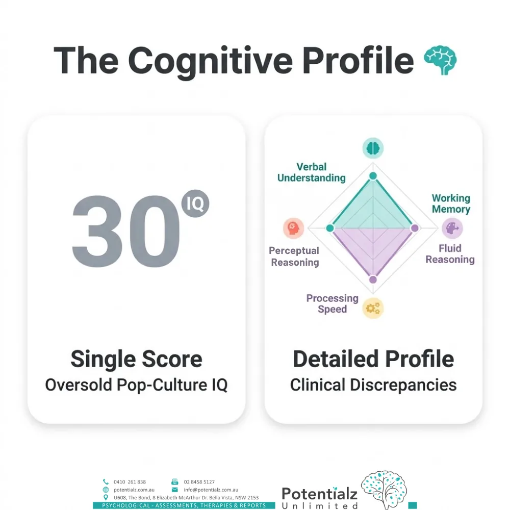 Two-panel infographic on the cognitive profile — the oversold pop-culture single-number IQ score alongside a detailed radar-chart profile showing clinical discrepancies across verbal understanding, perceptual reasoning, working memory, fluid reasoning and processing speed.
