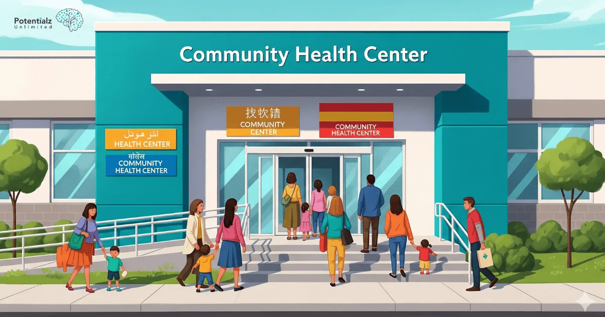 A vibrant community health center welcomes diverse families with multilingual signage and accessible facilities, symbolizing inclusivity and care.