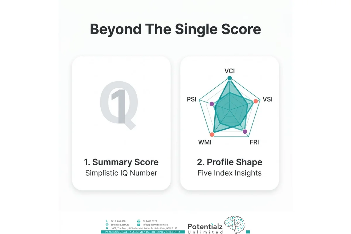 Two-panel infographic titled "Beyond The Single Score" contrasting a simplistic IQ number with a five-index radar profile covering VCI, VSI, FRI, WMI, and PSI