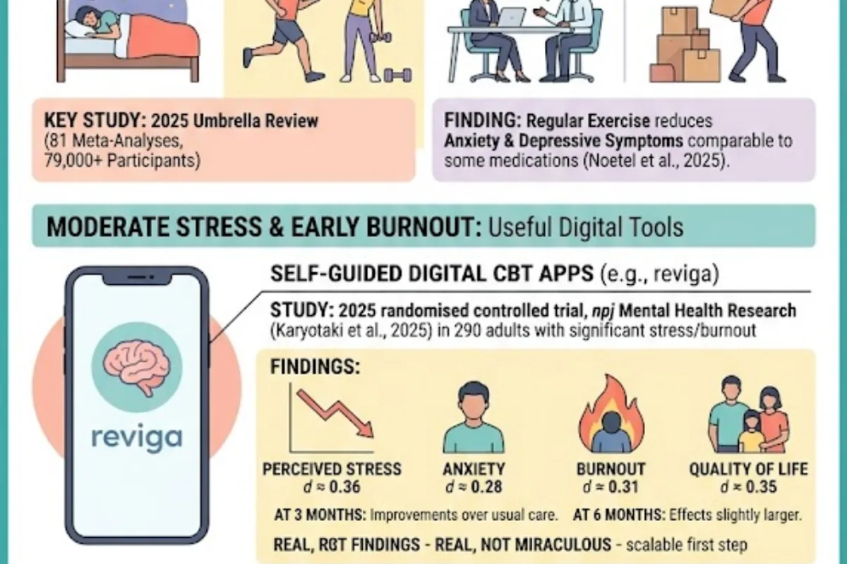 Infographic: three-tier evidence — basics (sleep, exercise per Noetel 2025 umbrella review), self-guided digital CBT (reviga RCT, Karyotaki 2025, Cohen's d ≈ 0.31 for burnout at 3 months), and individual therapy (CBT, ACT, EMDR)