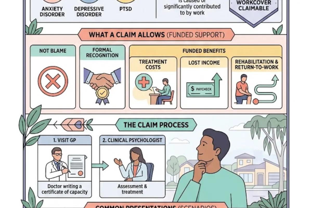 Infographic: WorkCover NSW psychological injury — GP certificate of capacity, clinical psychology assessment; funds treatment for workplace-caused anxiety, depression, or PTSD in emergency services, healthcare, and workers exposed to bullying or trauma