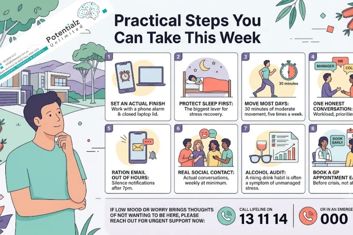 Infographic: 8 low-cost first steps — set an actual finish time, protect sleep, move most days, one honest workload conversation, ration out-of-hours email, real social contact, alcohol audit, GP appointment early