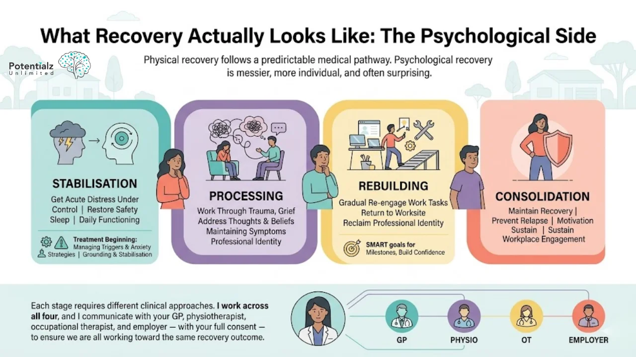 The psychological recovery process involves four key stages: Stabilisation, Processing, Rebuilding, and Consolidation. Each stage addresses specific needs, from managing acute distress and working through trauma to gradually re-engaging work tasks and preventing relapse. This holistic approach integrates various clinical practices to ensure individualized and effective recovery outcomes.