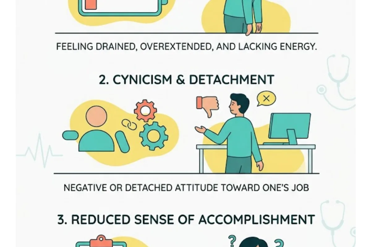 Infographic: burnout is a work-related syndrome recognised by the WHO ICD-11 — chronic workplace stress that has not been successfully managed; distinct from ordinary tiredness or short-term stress