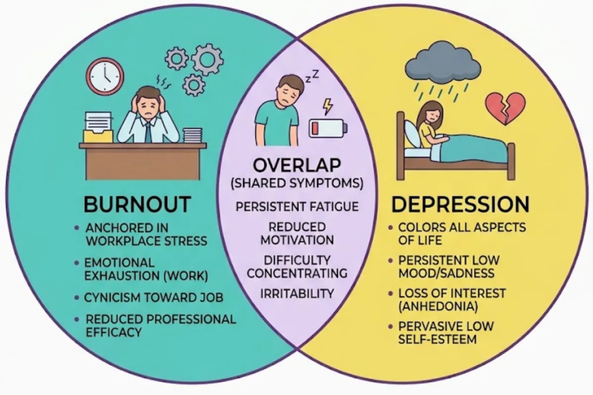 Infographic: burnout vs depression — burnout is work-linked and often lifts on time off; depression is pervasive across life domains and doesn't; the two can co-occur and often do, and each needs the correct clinical response