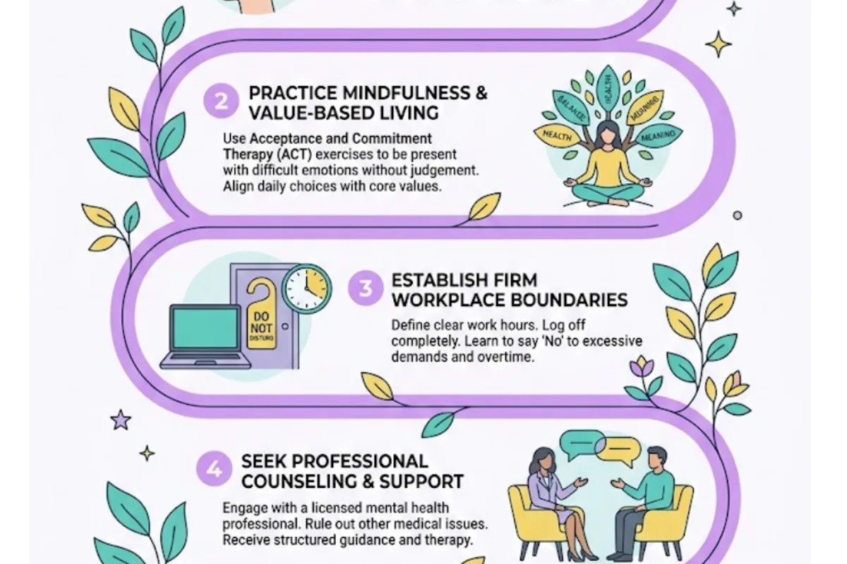 Infographic: evidence-based burnout recovery — protecting sleep + movement + boundaries; honest workload conversations; CBT and ACT for the anxiety/depression that accompanies burnout; workplace change (not just personal coping); WorkCover NSW if psychological injury is present